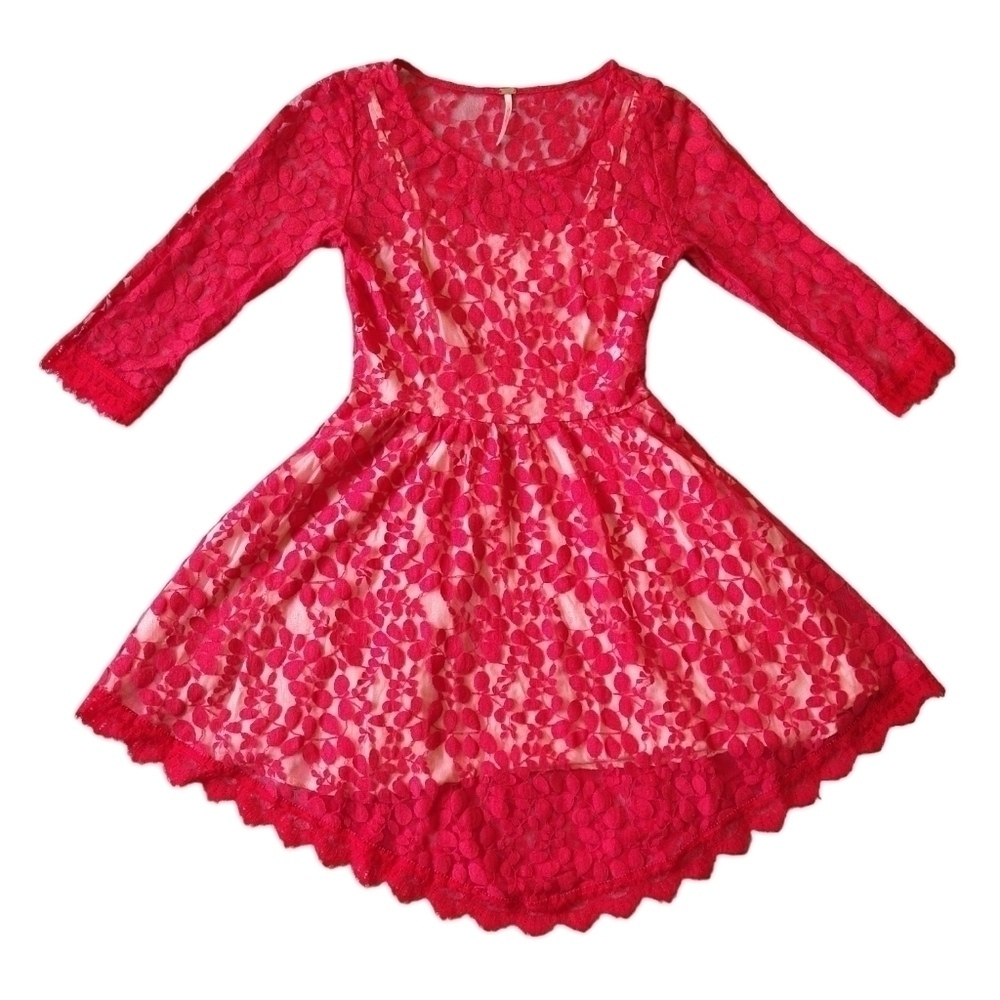 Free People Red Pink Lace 3/4 Sleeve Skater Dress Attached Slip Liner Modern